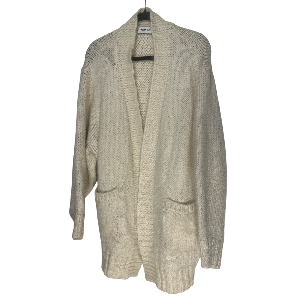Zara Knit Chunky Oversized Open Front Cardigan Wool Mohair Blend Ivory Size M